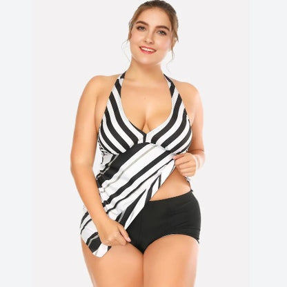 Women Deep V-neck Backless Stripe Two-piece Swimsuit Tankinis