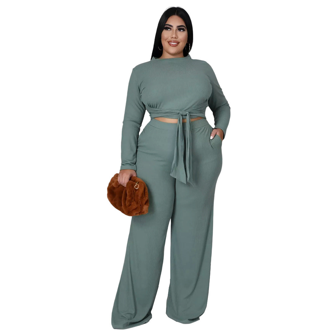 Plus Size 2pcs Wholesale Women Long Sleeve Top + Wide Leg Pants