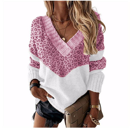 Colorblock Striped Wholesale Sweater Vendors Leopard Print V-Neck Pullover Womens Tops Casual