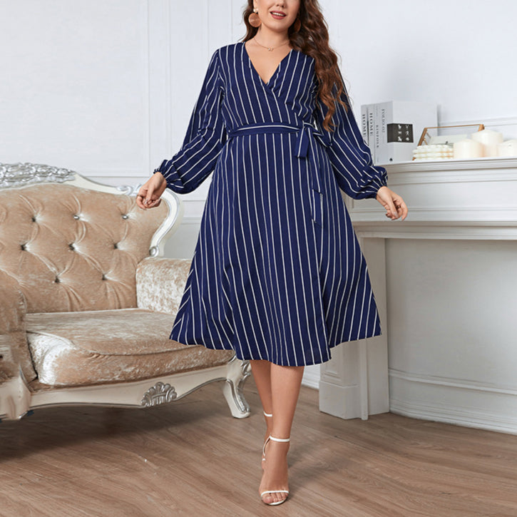 Striped Tie-Up V Neck Midi Curvy Wrap Dresses Wholesale Plus Size Clothing