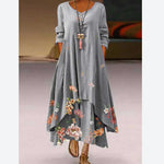 Fashion Print Maxi Dress Irregular Hem Long Sleeve Loose Wholesale Dresses