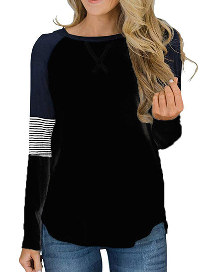 Casual Patchwork Top Loose Crew Neck Wholesale Womens Long Sleeve T Shirts