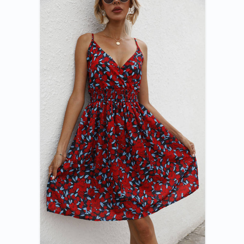 Sling Flower Print V-Neck Nipped Waist Summer Midi Swing Dress Wholesale Dresses