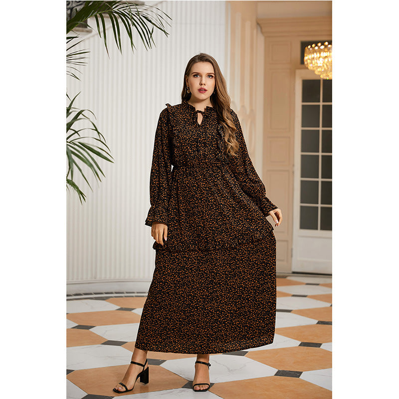 Leopard Print Long Sleeve Curvy Maxi Dresses Wholesale Plus Size Clothing