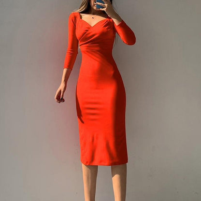 Sexy Square Neck Midi Dress Long Sleeve Slim High Waist Slit Wholesale Dresses