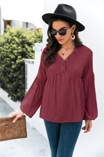 Solid Color Button V-Neck Lantern Sleeve Casual Shirts Wholesale Blouse Business Casual Women