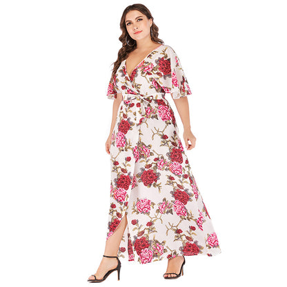 Wholesale Women'S Plus Size Clothing Printed V-Neck Short Sleeve Bohemian Slit Tie Wrap Dress