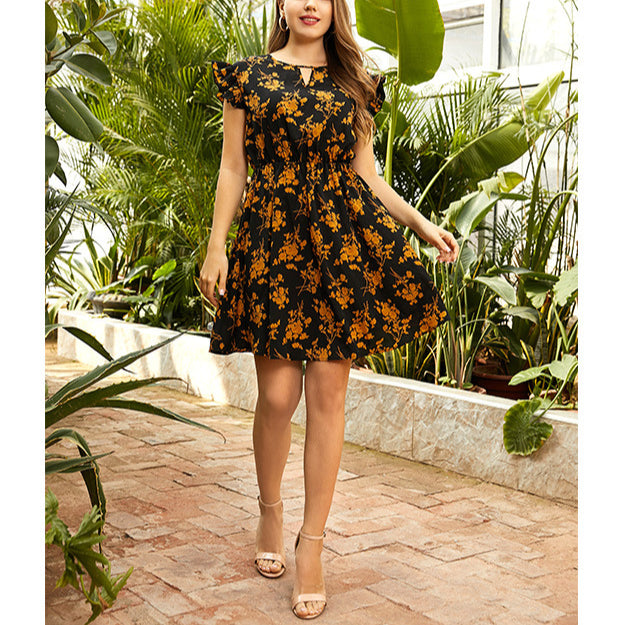 Ruffle Short Sleeve Floral Print O Neck Wholesale Plus Size Dresses for Women Summer