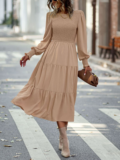 Casual High Waist Swing Dress Solid Color Long Sleeve Midi Wholesale Dresses