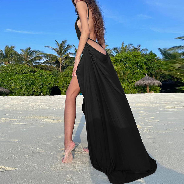 Hollow Out Deep V Jumpsuit Splicing Large Swing Backless Beach Dress Wholesale Dresses