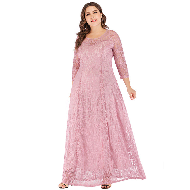 Wholesale Women'S Plus Size Clothing Lace Three-Quarter Sleeve Hollow Flower Party Dress