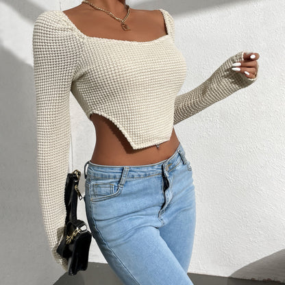 Sexy Wide Neck T-Shirt Hollow Slim Solid Color Long Sleeve Wholesale Crop Tops