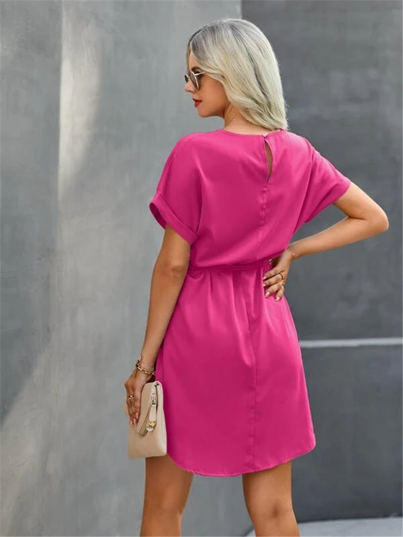 Summer Loose Solid Color Lace-Up Short Sleeve Midi Dresses Business Casual T Shirt Dress Wholesale SD531307