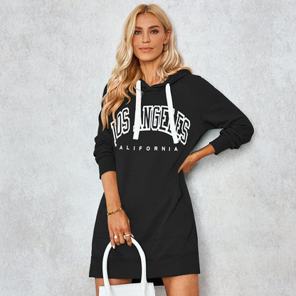 Casual Long Sleeve Letter Hooded Drawstring Sweatshirt Dress Wholesale Dresses