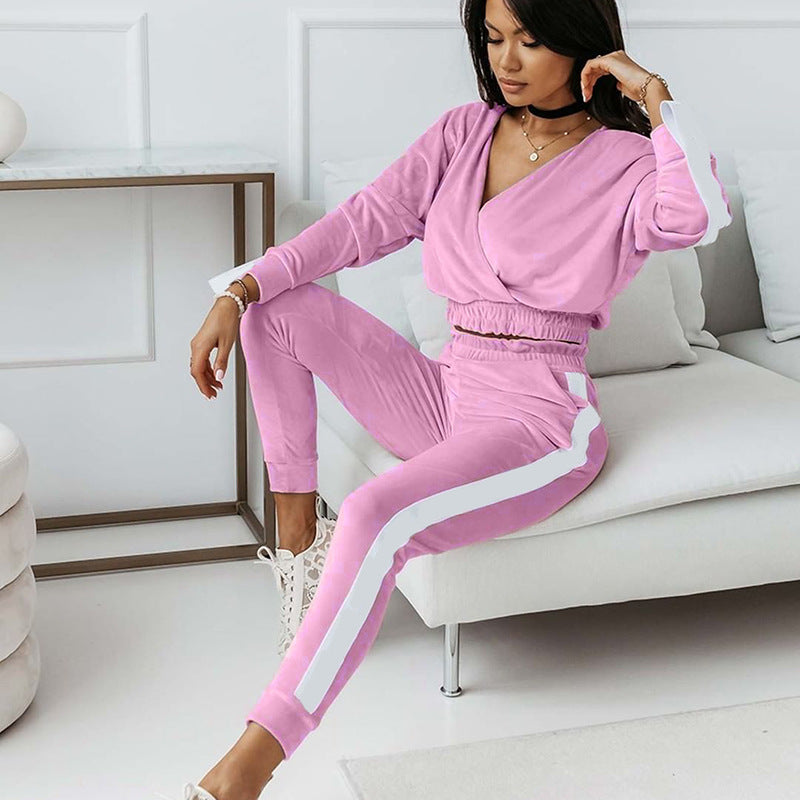 Women Wholesale Two-Piece V-Neck Velvet Top And Trousers Suit