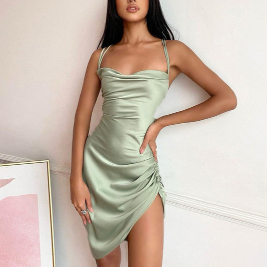 Open Back Cutout Sling Slim Pleated Satin Dress Wholesale Dresses