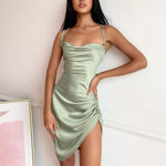 Open Back Cutout Sling Slim Pleated Satin Dress Wholesale Dresses