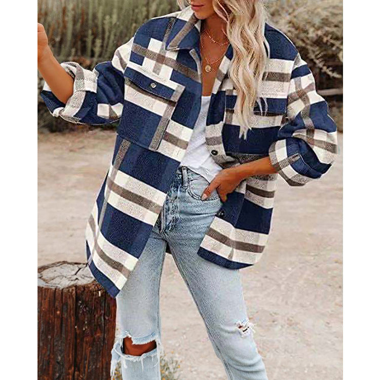 Lapel Loose Plaid Thickened Tweed Jacket Wholesale Women Clothing