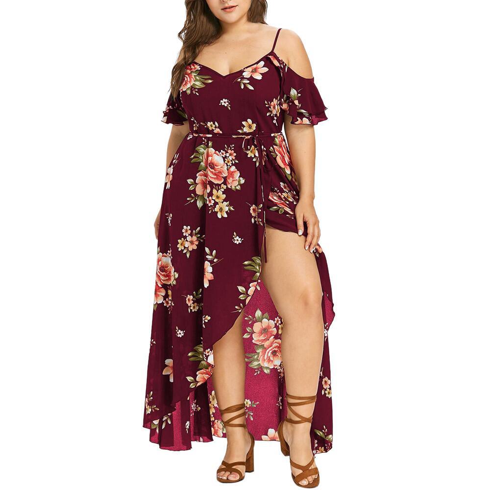 Sexy Off Shoulder Floral Print Sling Short Sleeve Slit Curvy Maxi Dresses Wholesale Plus Size Clothing