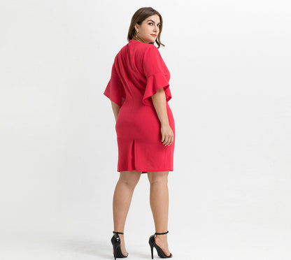 Plus Size Solid Flare Sleeve Low Cut V-Neck Slim Short Dress