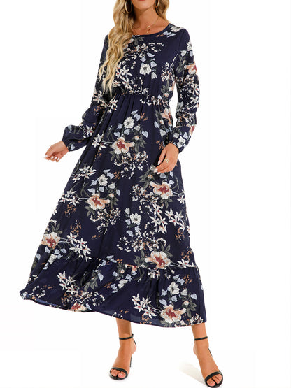 Fashion Print Chiffon High Waist Dress Casual Long Sleeve Round Neck A-Line Wholesale Dresses