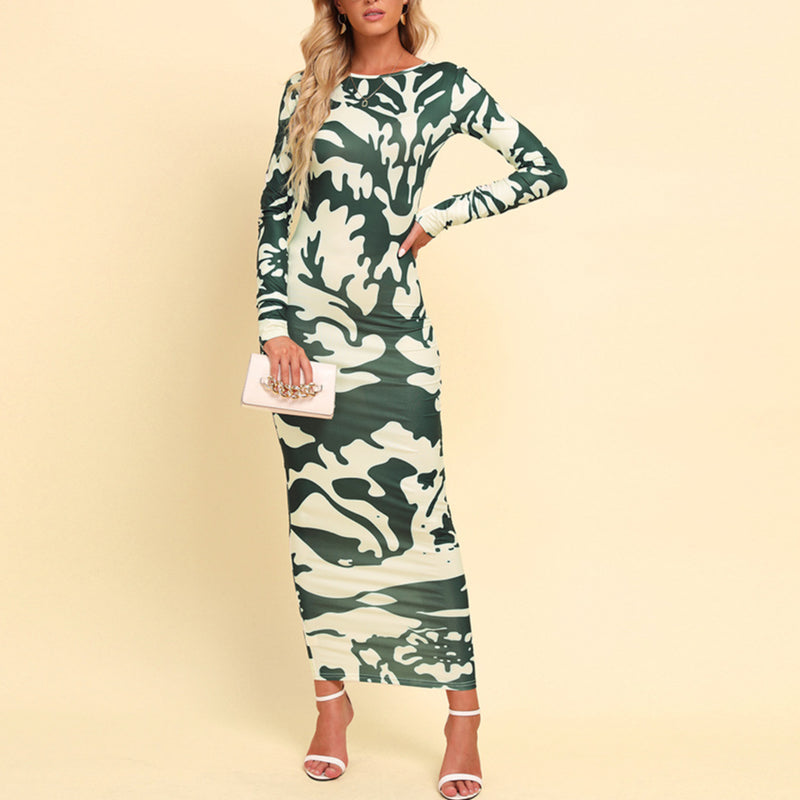 Casual Contrast Print Maxi Dress Sexy Backless Long Sleeve Crew Neck Slim Wholesale Dresses