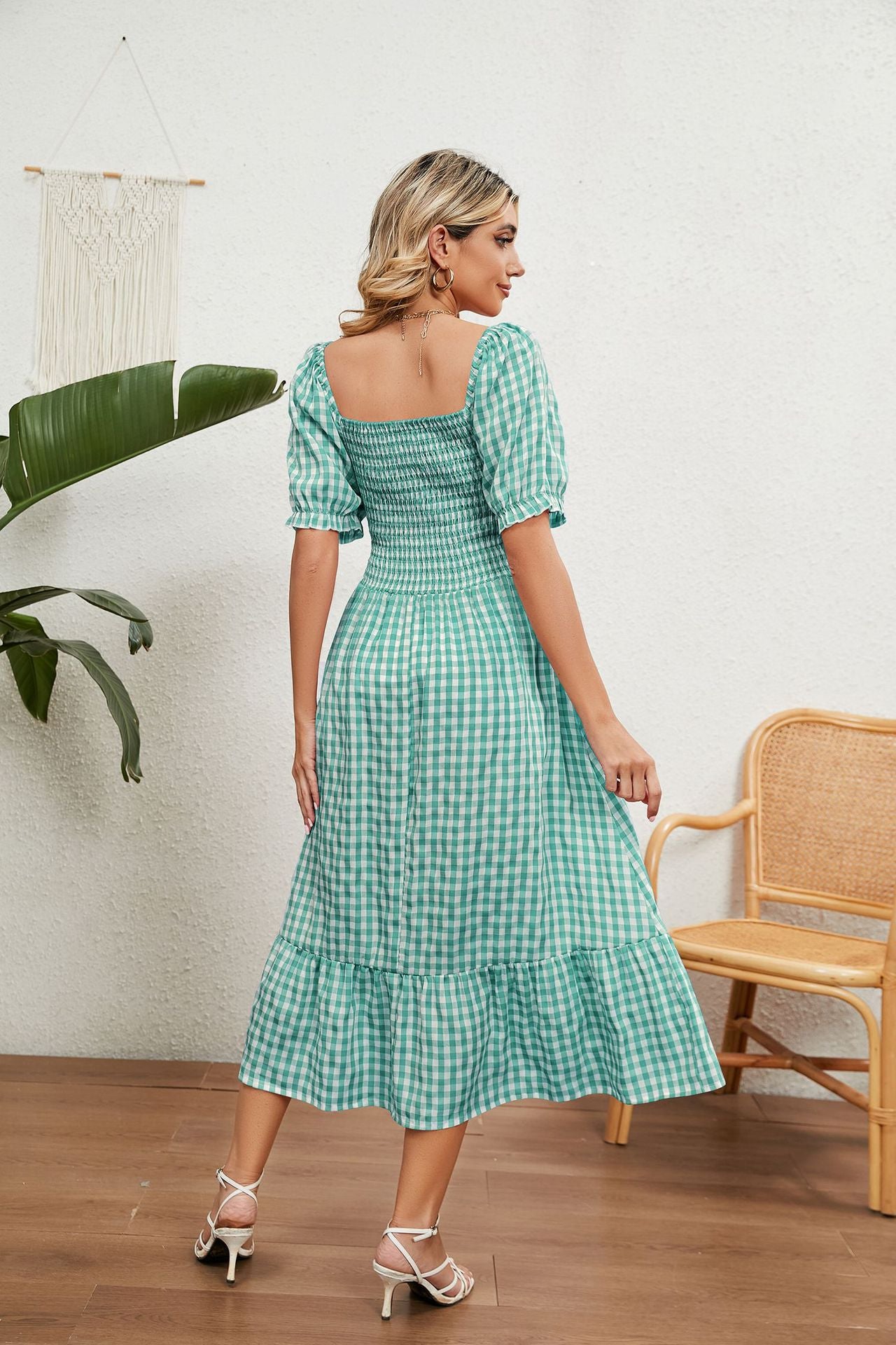 Short Sleeve Square Neck Plaid Flowy Dress Wholesale Maxi Dresses