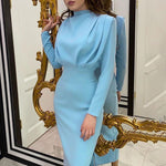 Pleated Waist Slim Fashion Solid Color Long-Sleeved Wholesale Dresses