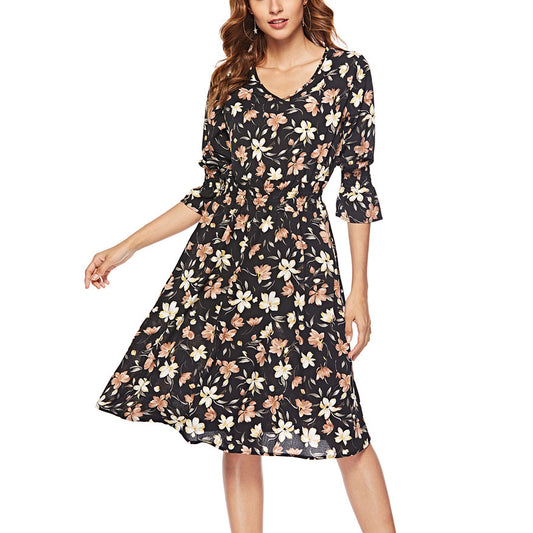 Women Fashion Long Sleeve V Neck Wholesale Chiffon Floral Dresses