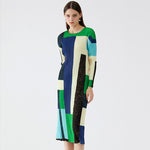 Geometric Patchwork Full Sleeve Elastic O-Neck Midi Dress