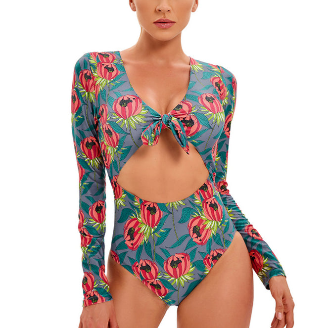 Fashion Print One Piece Bikini Swimsuit Backless Cutout Long Sleeve Wholesale Swimwear