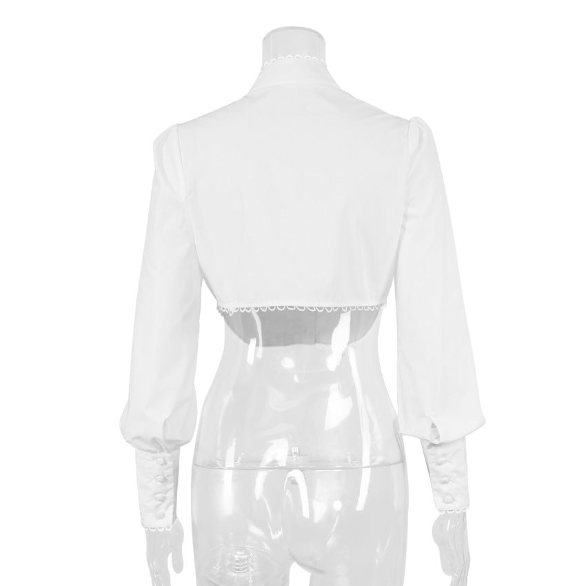 Sexy Standing Collar Shirt Lantern Sleeve Solid Color Slim Wholesale Crop Tops