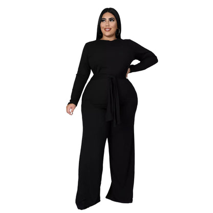 Plus Size 2pcs Wholesale Women Long Sleeve Top + Wide Leg Pants