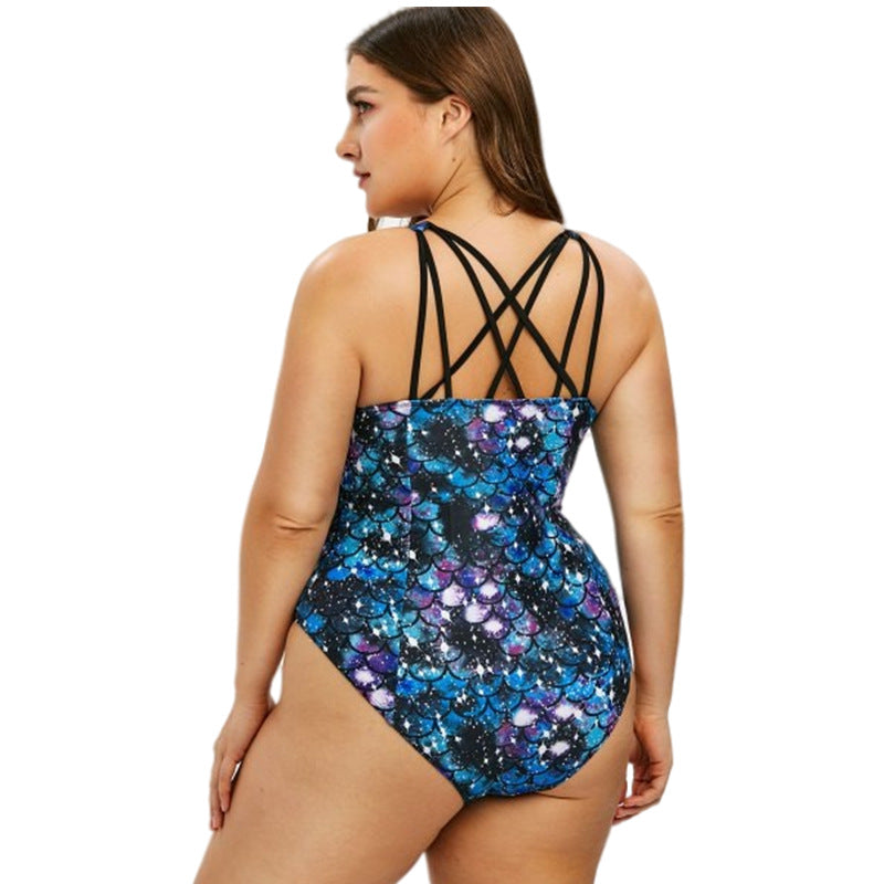 Sleeveless Star Blue Halterneck Low Cut Wholesale Plus Size Swimwear For Women