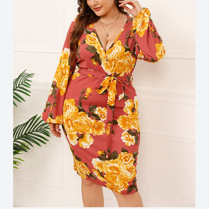 Floral Print Long Sleeve V Neck Tie Waist Wholesale Plus Size Dresses