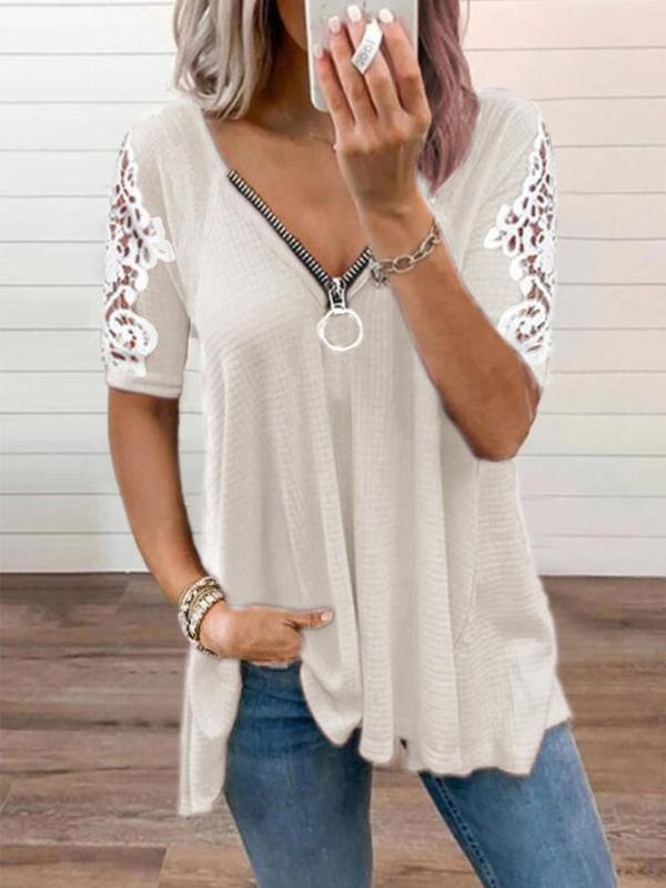 Sexy Low-Cut V-Neck Zipper Lace Short-Sleeved Wholesale T Shirts Casual Womens Tops