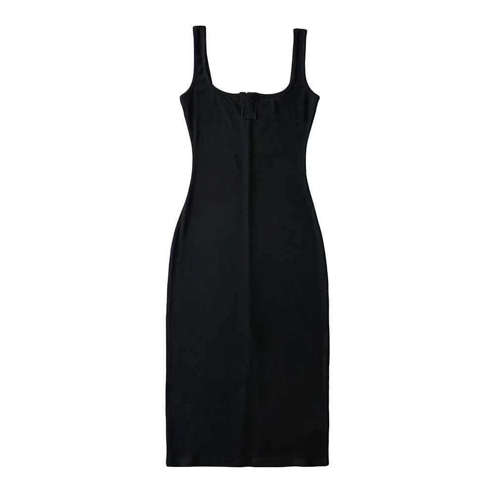 Square Neck Solid Color Back Slit Design Mid Length Tight Tank Dress Bodycon Wholesale Dresses