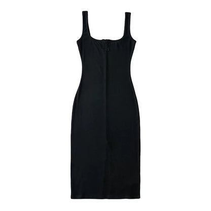 Square Neck Solid Color Back Slit Design Mid Length Tight Tank Dress Bodycon Wholesale Dresses