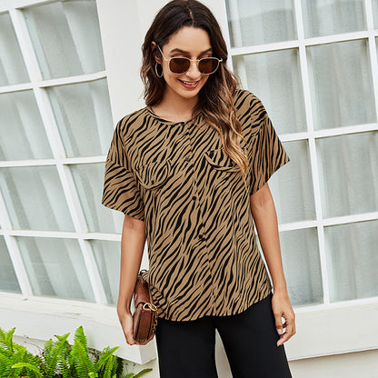 Women's Casual Short Sleeve Leopard Button Wholesale Shirt Blouses Summer