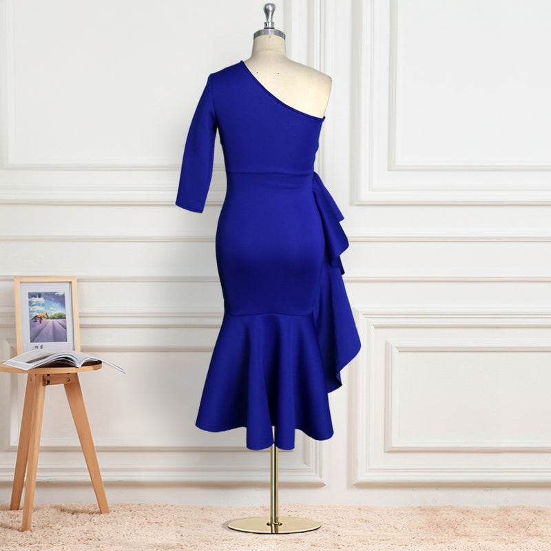 Sexy One-Shoulder High-Waisted Slim Irregular Ruffled Dresses Bulk Wholesale Clothing