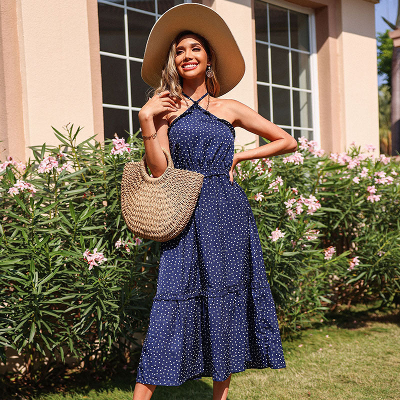 Off Shoulder Polka Dot Print Halterneck Wholesale Swing Dresses Summer