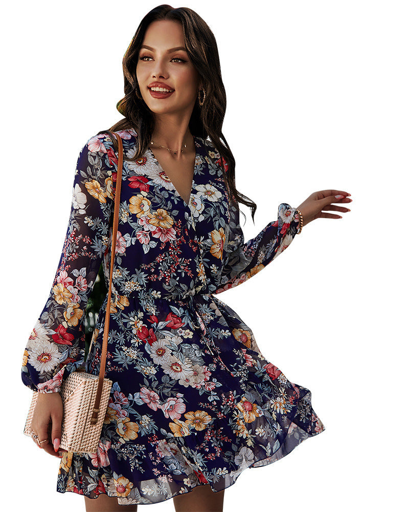 Sexy V Neck Chiffon Floral Print Dress Lace Up Long Sleeve Wholesale Dresses