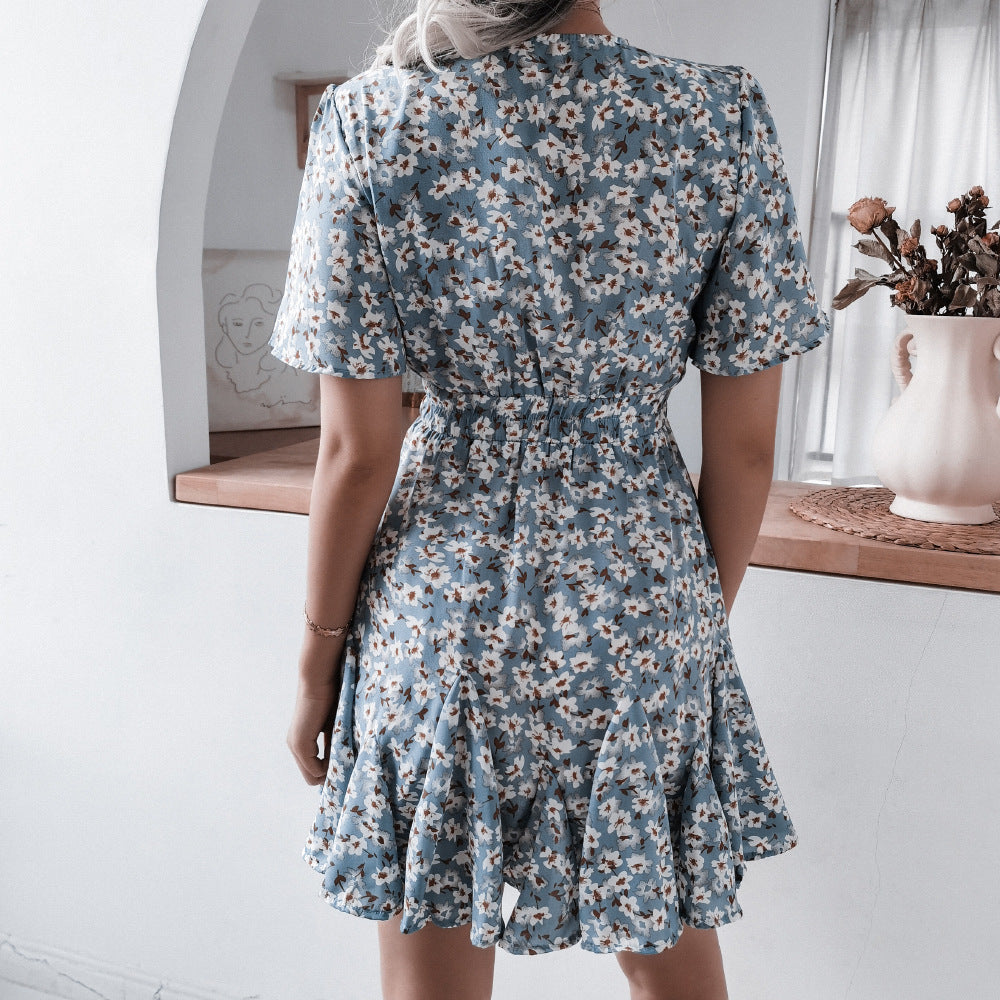 Floral Ruffle Pleats Flare Sleeve Wholesale Summer Dresses