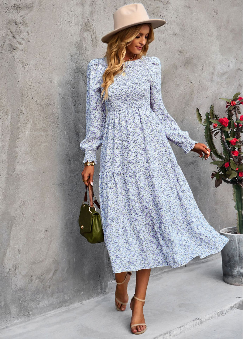 Floral Print Long Sleeve Casual Swing Smocked Dress Wholesale Dresses