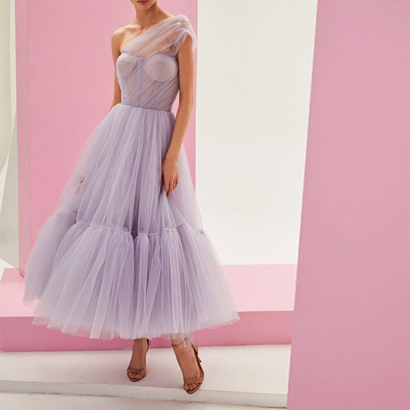 Elegant Solid Color Mesh Slanted Shoulder Princess Wedding Banquet Bridesmaid Dress Wholesale Dresses