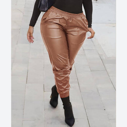 Fashion Solid Color Slim Fit PU Trousers Wholesale Pants