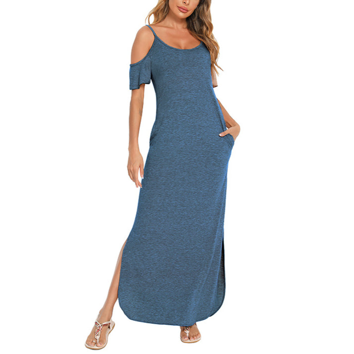 Solid Color Off Shoulder Sling Slit Dress Wholesale Maxi Dresses