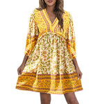 Printed V Neck Puff Sleeve Boho Dress Wholesale Bohemian Dress For Women