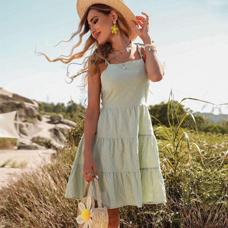 Women Fashion Solid Color Sling Ruffle Wholesale Cami Dresses Summer