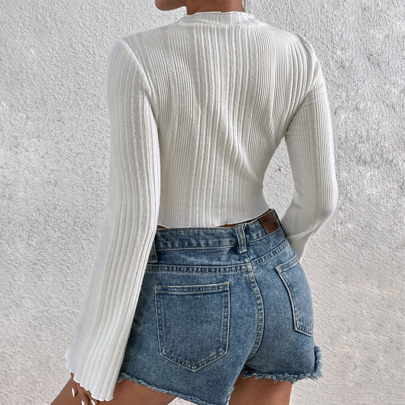 Sexy Pleated Top Slim Flared Sleeve Solid Color Wholesale Crop Tops